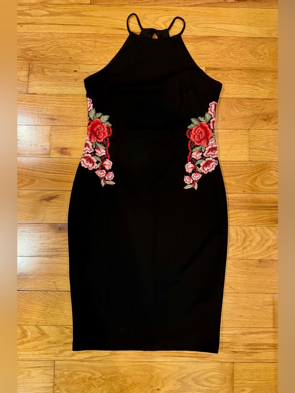 Vintage Y2K Bisou Bisou Floral Embroidered Midi Dress in Black Size 12 Like New
